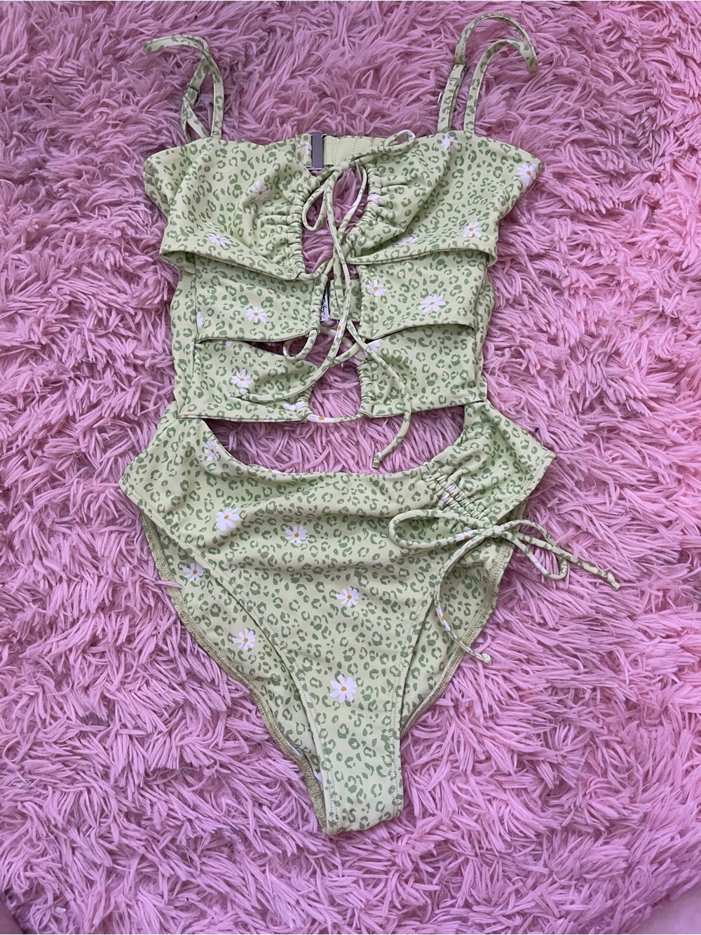 For Love & Lemons Cut Out One Piece Swimsuit XS Green Leopard Daisy Lace Up - Picture 3 of 9